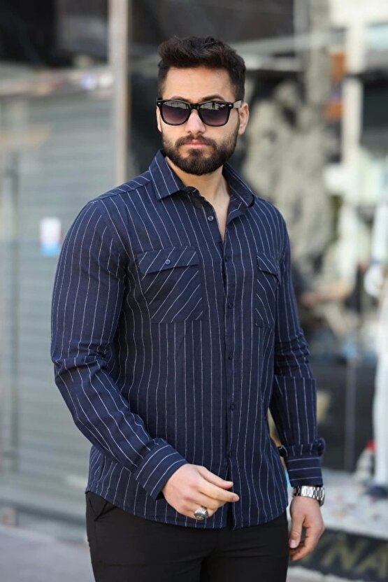 Erkek Pamuklu Çizgi Desenli Cep Detaylı Gömlek