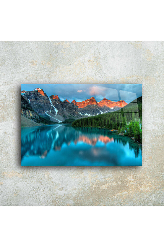 Dağ ve Göl Manzarası Cam Tablo Duvar Dekoru