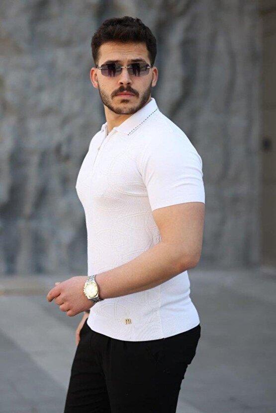 Erkek Viskon Kumaş Polo Yaka Desenli Tişört