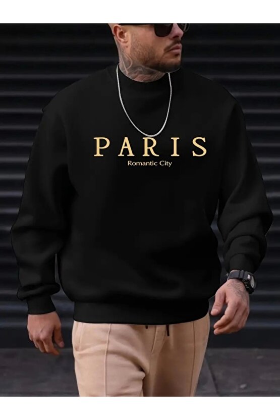 Erkek Uzun Kollu Bisiklet Yaka Paris Yazılı Iki Iplik Bluz