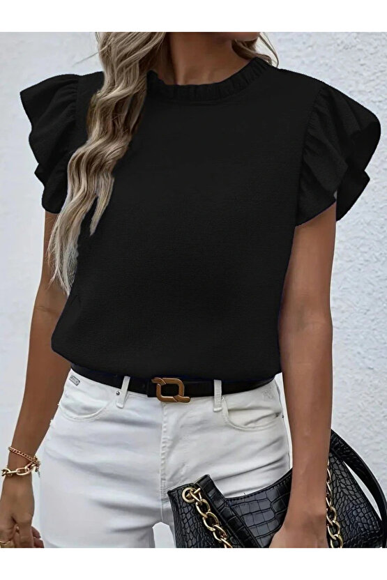 Kadın Kısa Kollu Fırfır Yakalı Bürümcük Bluz