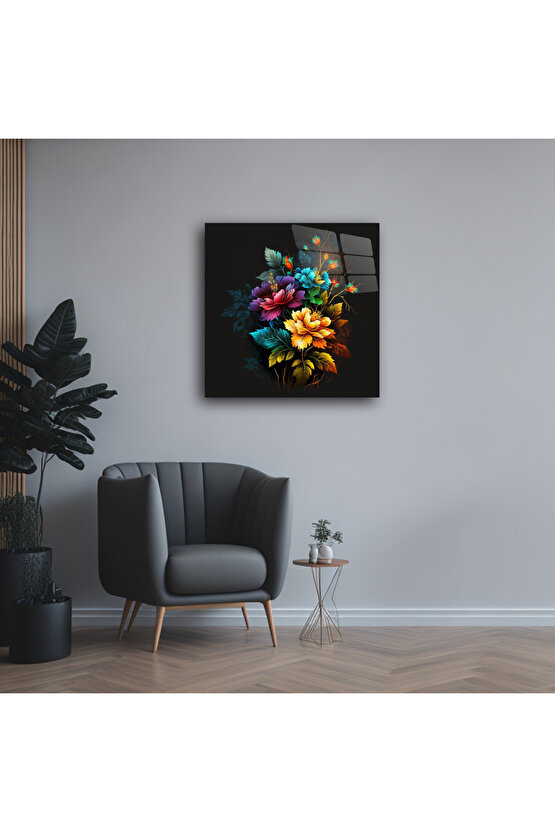 Karışık Renkli Çiçekler Cam Tablo Duvar Dekoru