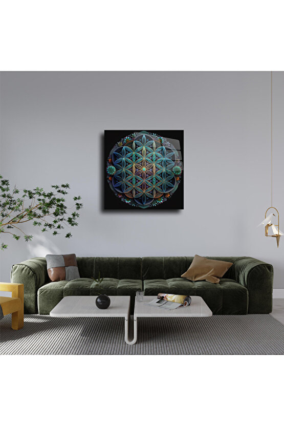 Sri Yantra Yoga Meditasyon Yaşam Çiçeği Cam Tablo Duvar Dekoru 2