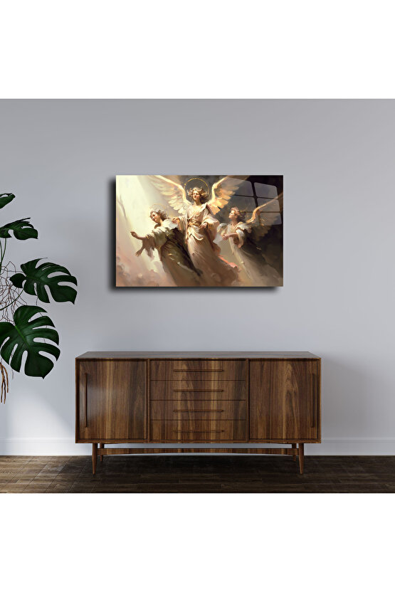3 Melek Kadın Cam Tablo Duvar Dekoru