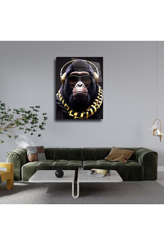 Kulaklıklı Goril Cam Tablo Duvar Dekoru