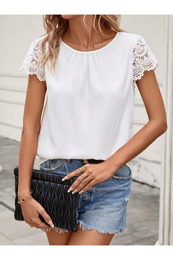 Kadın Kısa Dantel Kollu Bisiklet Yaka Sandy Bluz