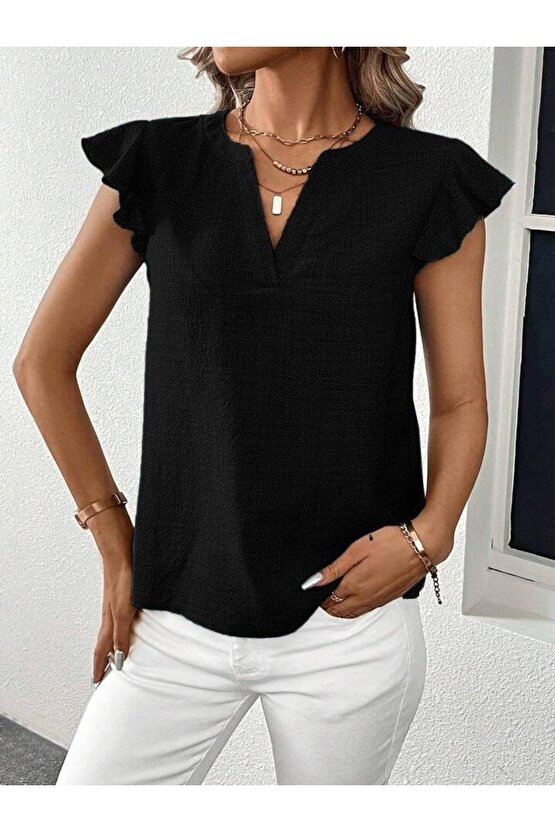 Kadın Kısa Kelebek Kollu V Yakalı Bluz