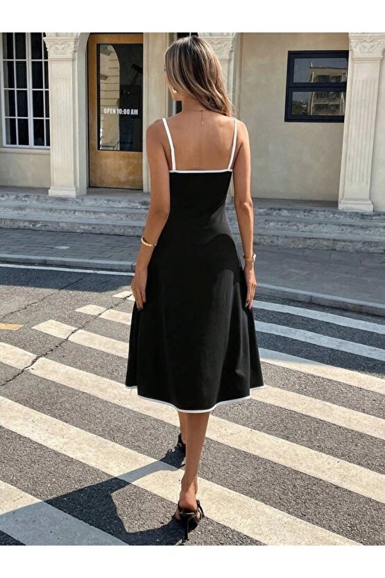 Kadın Ip Askılı Geniş V Yakalı Midi Janjan Krep Elbise