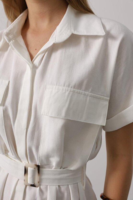 EQURİ Kuşaklı Cep Detaylı Yarım Kol Elbise - Beyaz