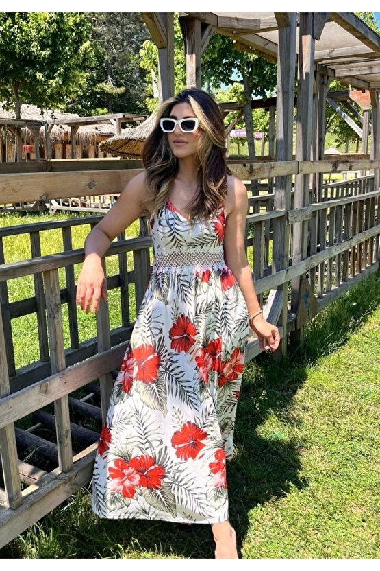 Kadın Ip Askılı V Yakalı Bel Güpür çiçek Desenli Yandan Yırtmaçlı Maksi Süprem Elbise