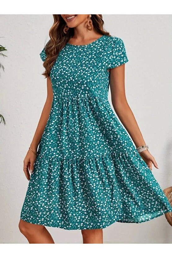 Kadın Kısa Kollu Bisiklet Yaka çiçek Desenli Süprem Elbise
