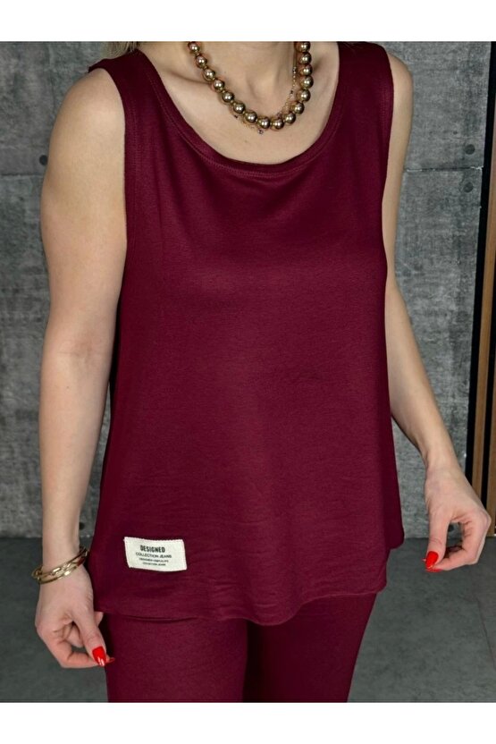 Kadın Askılı Yuvarlak Yaka Viskon Iki Iplik Bluz Ve Eşofman Altı Ikili Takım