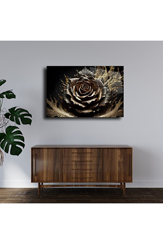 Gold Renkli Gül Cam Tablo Duvar Dekoru 1
