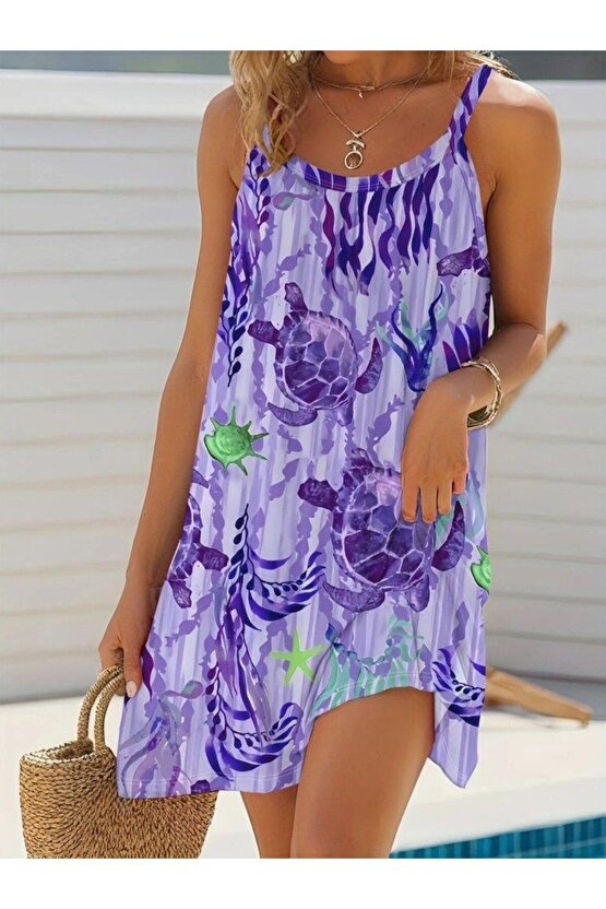 Kadın Askılı Yuvarlak Yaka Kaplumbağa Desenli Süprem Elbise