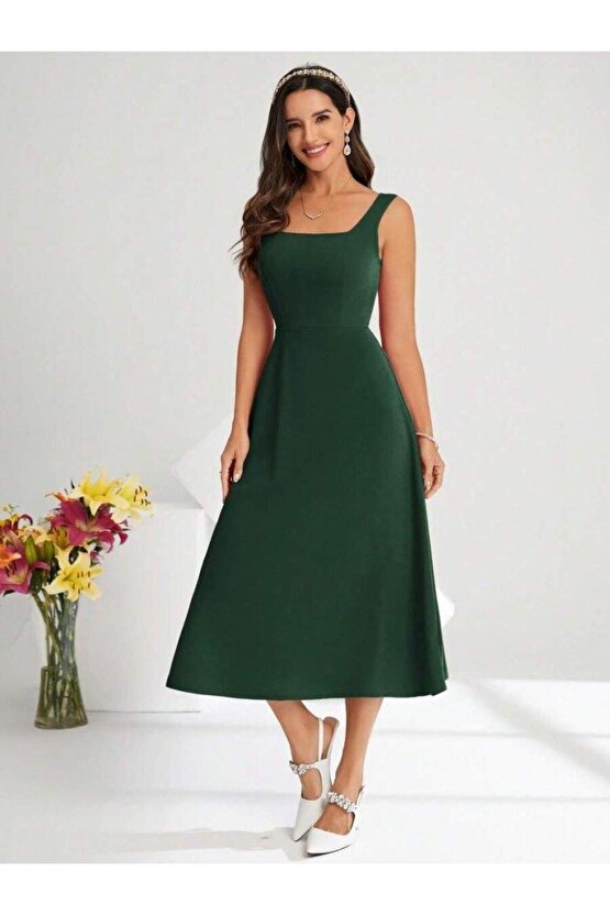 Kadın Askılı Kare Yakalı Midi Ithal Krep Elbise