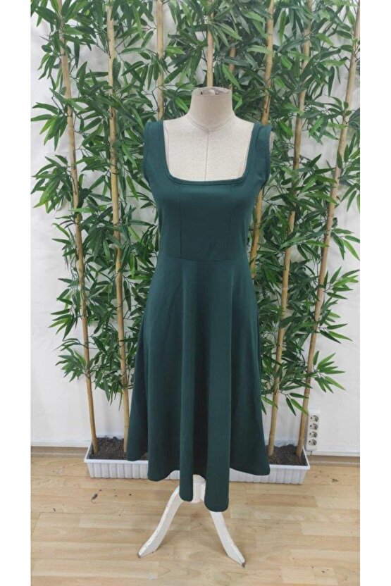 Kadın Askılı Kare Yakalı Midi Ithal Krep Elbise