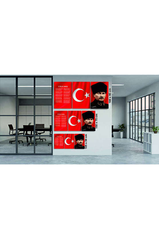 Atatürk, Türkiye Bayrağı ( Ay Yıldız Bayrak ) İstiklal Marşı Üçlü Kombin Cam Tablo Dekoru