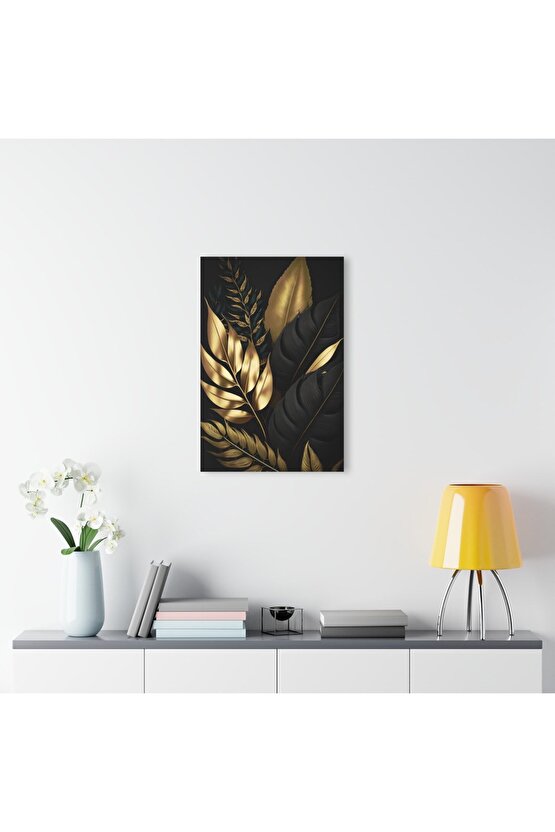 Gold Altın Renkli Yapraklar Cam Tablo Duvar Dekoru 2