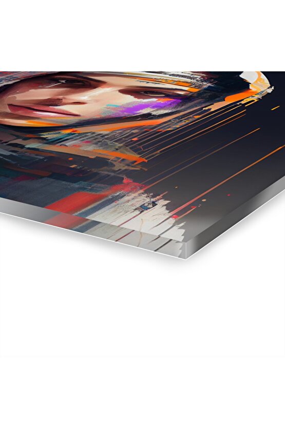 Müslüman Kız Sulu Boya Türban Başörtüsü İslam Cam Tablo Duvar Dekoru