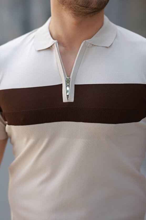 munn collection Erkek Fermuar Yakalı şerit Renk Desenli Kısa Kollu Tişört