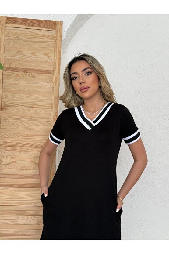 Kadın Kısa Kollu V Yaka Kol Ve Yaka Ribana Detay Midi Boy Viskon Elbise