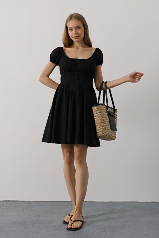 Dua Giyim Beli Korseli Mini Elbise - Siyah