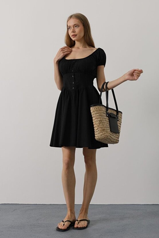 Dua Giyim Beli Korseli Mini Elbise - Siyah