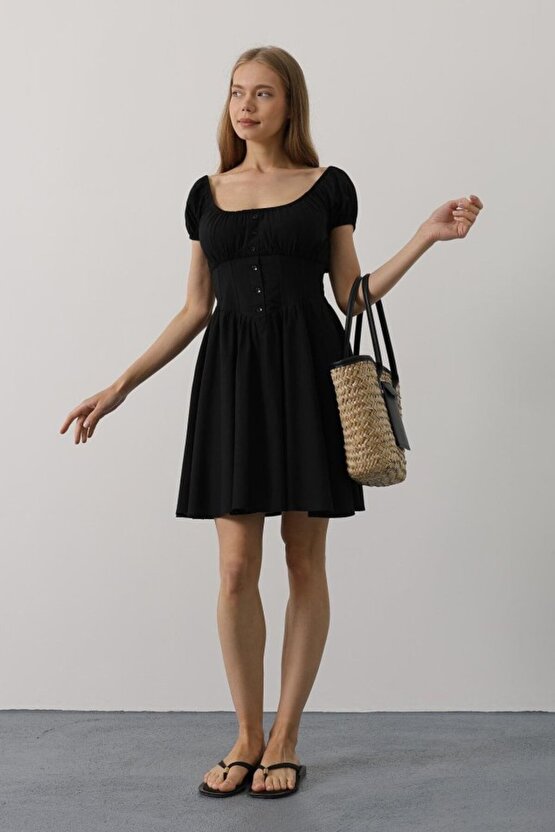 Dua Giyim Beli Korseli Mini Elbise - Siyah