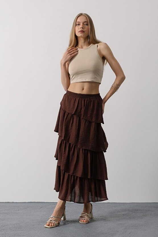 Sidelya Concept Katlı Kesim Uzun Etek - Kahve