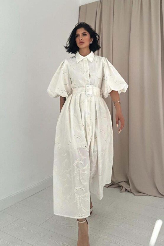 GACHA Ekru Pileli Balkon Elbise