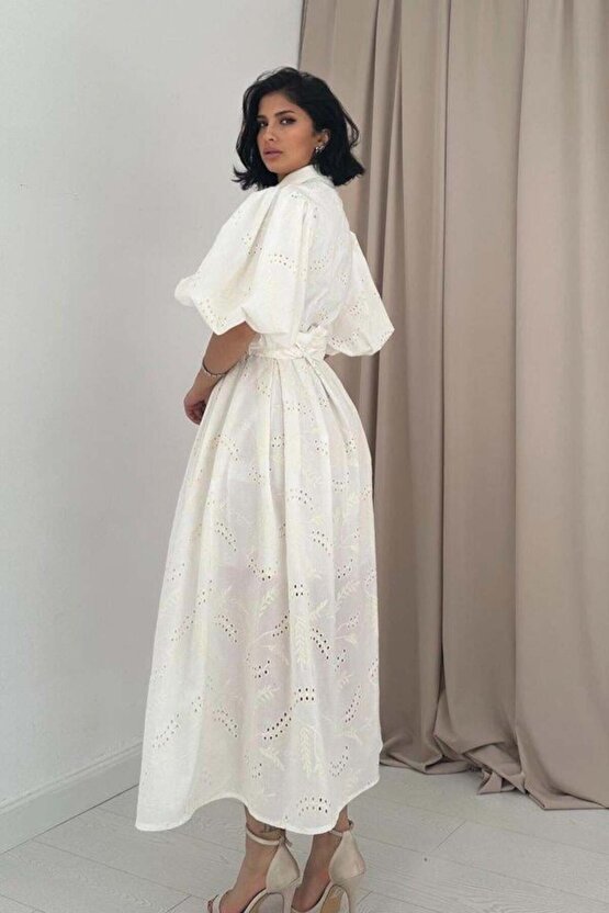 GACHA Ekru Pileli Balkon Elbise