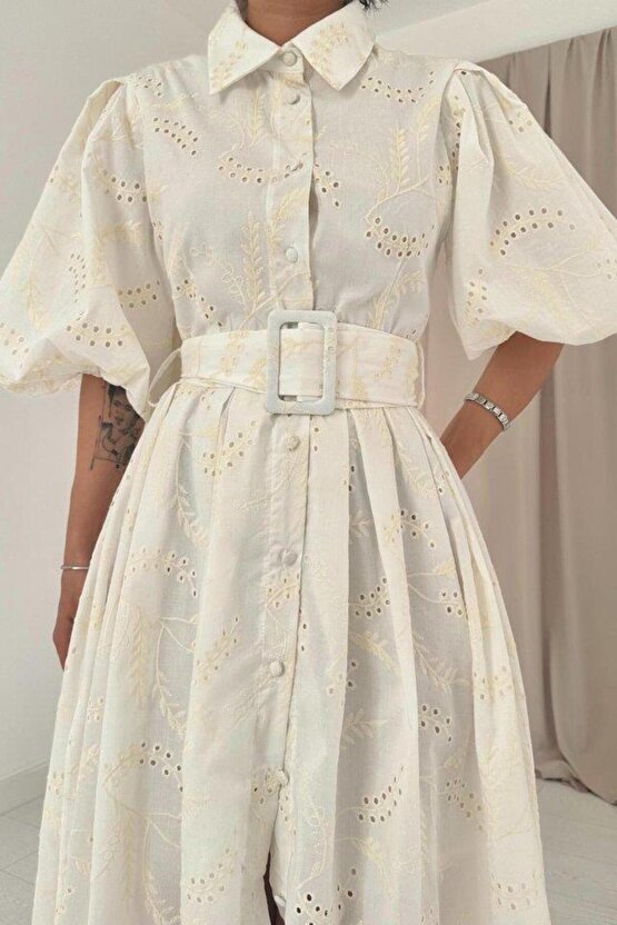 GACHA Ekru Pileli Balkon Elbise