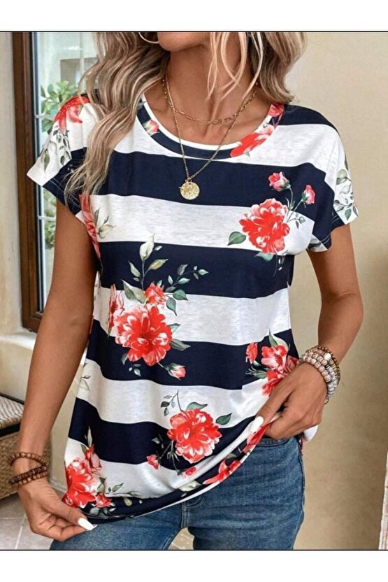 Edolika Kadın Çiçek Desenli Yatay Şeritli Bisiklet Yaka Tişört
