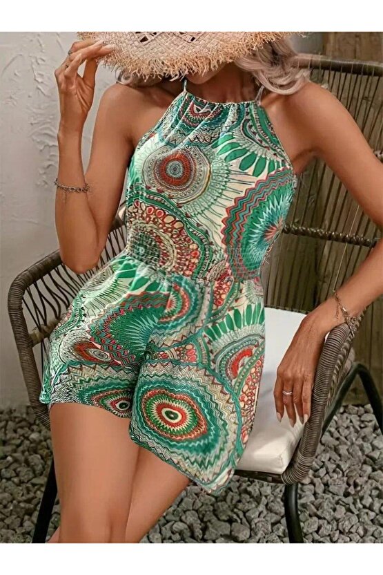 Kadın Omuzlardan Açık Boyun Arkasından Bağlamalı Beli Lastikli Desenli Süprem Kısa Tulum