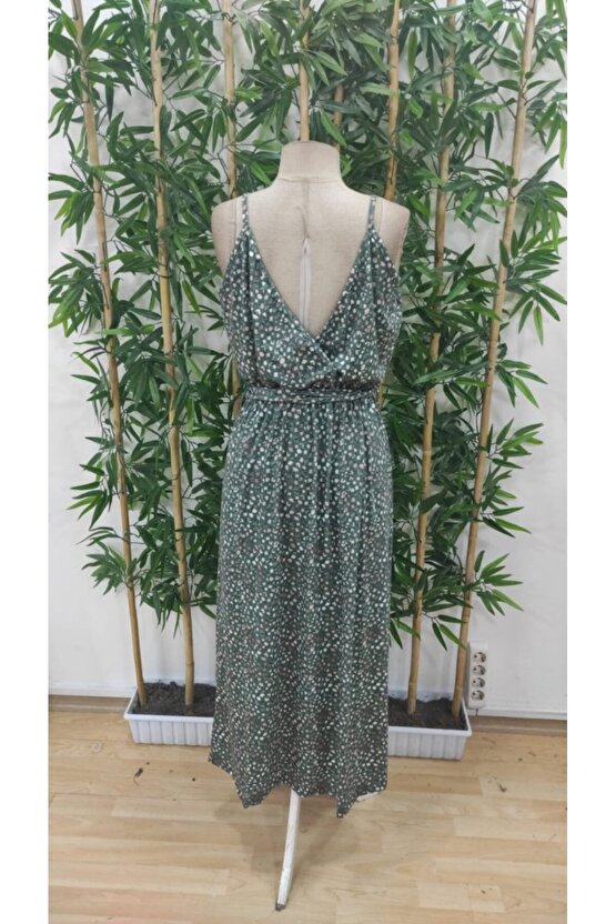 MODAVERA Kadın Ip Askılı Kruvaze Yakalı Yırtmaçlı Uzun Desenli Kuşaklı Süprem Elbise