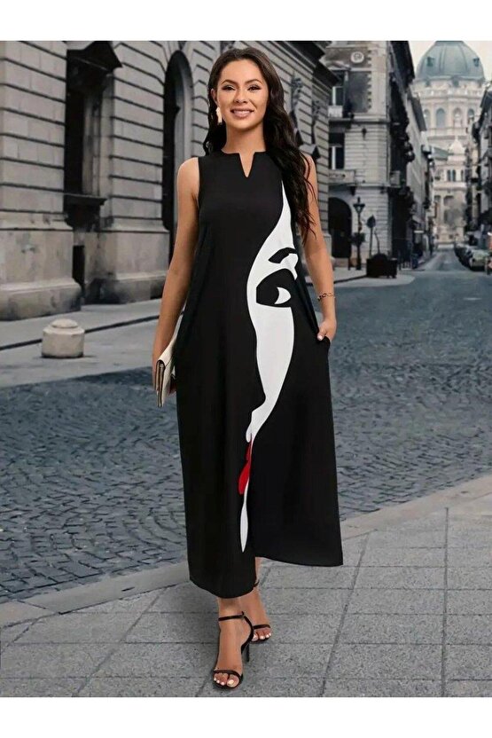 Kadın Sıfır Kol V Yakalı Kadın Yüz Desenli Süprem Elbise