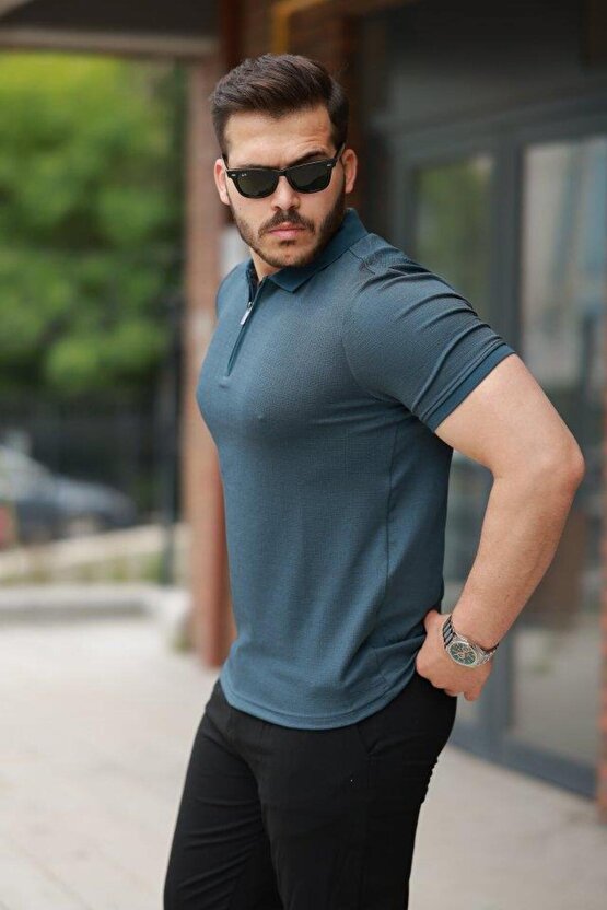 Erkek Fermuarlı Yaka Kısa Kollu Tişört