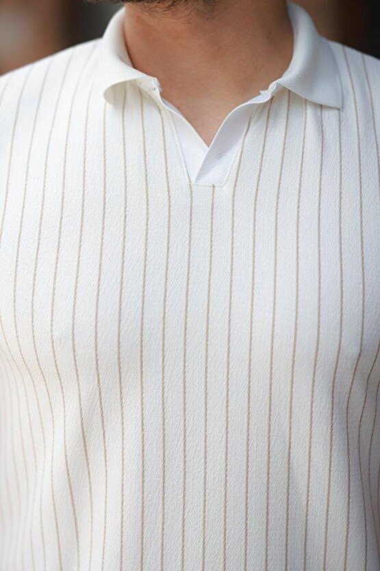 Erkek Yakalı çizgi Desenli Kısa Kollu Tişört