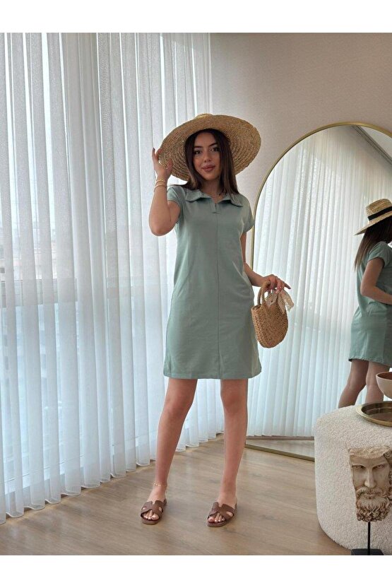 Kadın Kısa Kollu Yakalı Viskon Iki Iplik Elbise