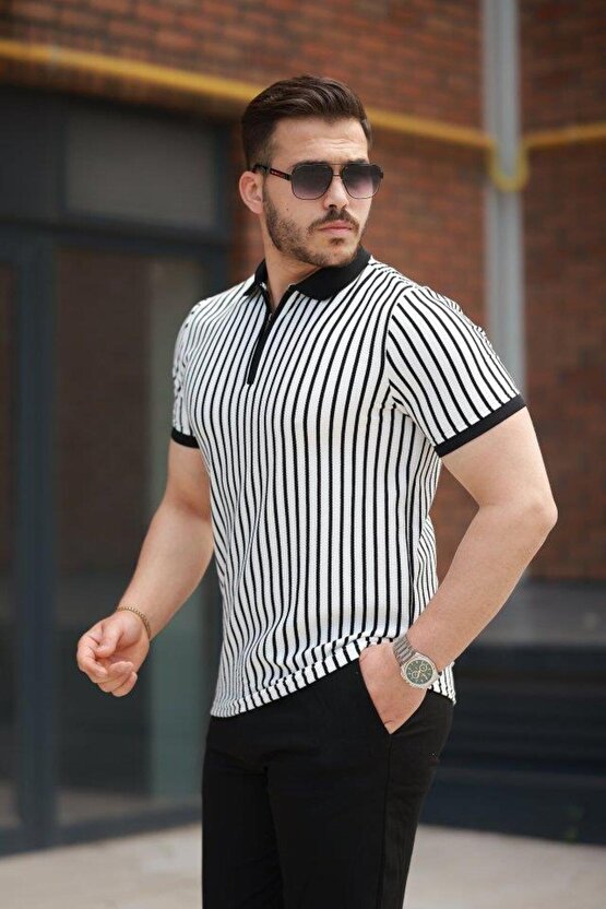 Erkek çizgili Fermuar Yakalı Kısa Kollu Tişört