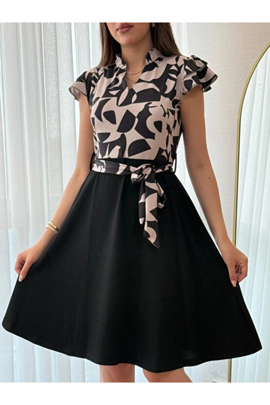 Kadın Kısa Kollu Kolu Fırfır Detay Mini Kuşaklı Kloş Krep Elbise