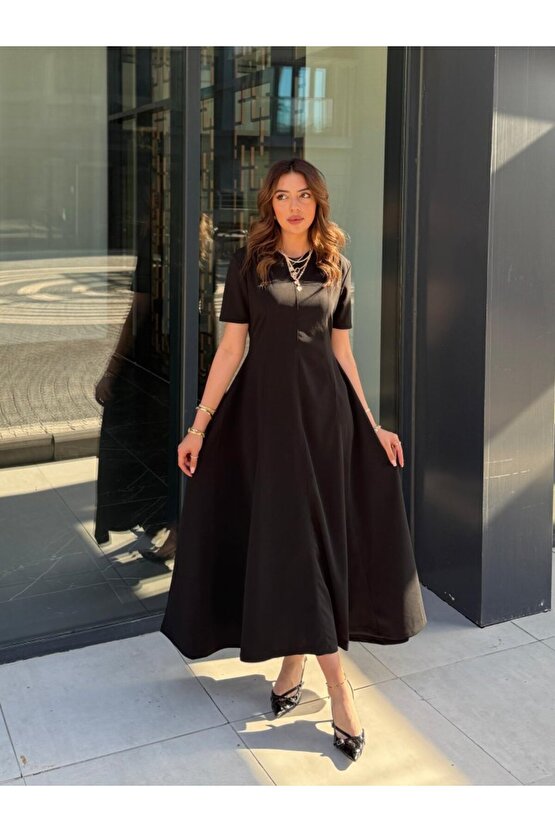 munn collection Kadın Kısa Kollu Bisiklet Yaka Maksi Boy Ithal Krep Elbise