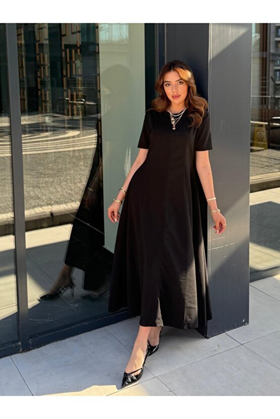 munn collection Kadın Kısa Kollu Bisiklet Yaka Maksi Boy Ithal Krep Elbise