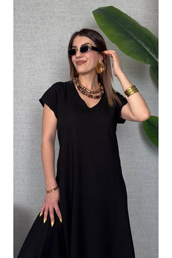 munn collection Kadın Kısa Kollu V Yaka Salaş Maxi Boy Elbise