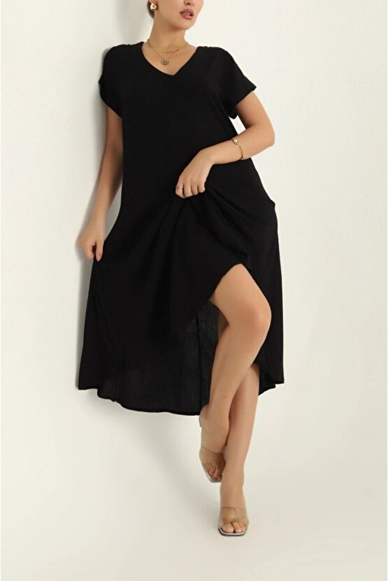 munn collection Kadın Kısa Kollu V Yaka Salaş Maxi Boy Elbise