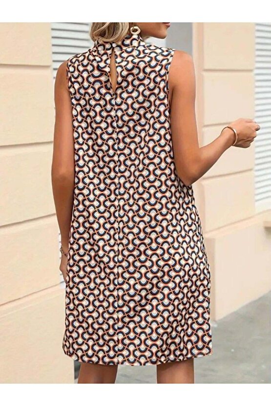 Kadın Balıkçı Yaka Kolsuz Desenli Dalgıç Elbise