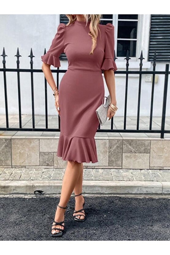 Kadın Kısa Kollu Yarı Balıkçı Yakalı Etek Ucu Fırfırlı Midi Ithal Krep Elbise