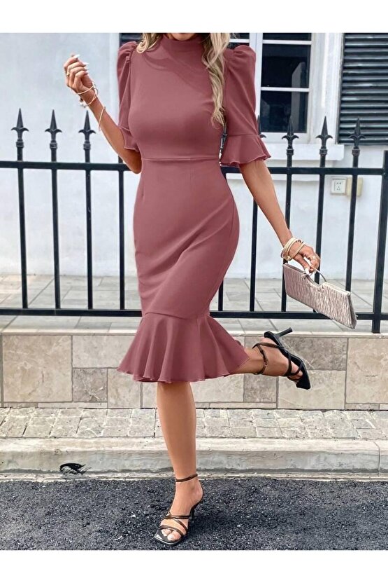 Kadın Kısa Kollu Yarı Balıkçı Yakalı Etek Ucu Fırfırlı Midi Ithal Krep Elbise