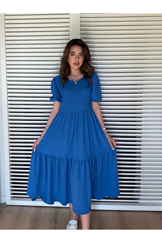 Kadın Kısa Kollu Yakası Açık Katlı Bürümcük Balon Elbise