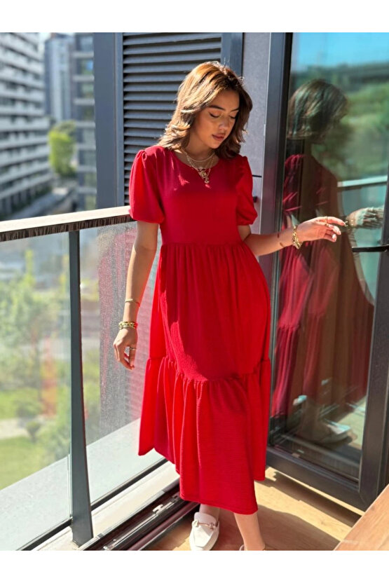 MDB Kadın Kısa Kollu Yakası Açık Katlı Bürümcük Balon Elbise